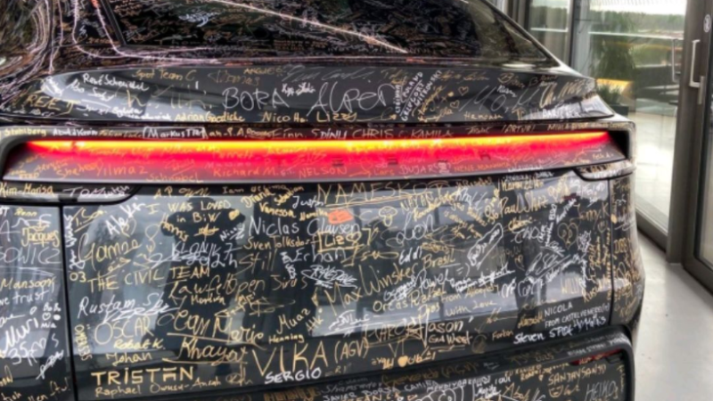 The First Refresh of the Model Y Rolls Off the Line at Tesla’s Berlin Gigafactory, Adorned with Employee Signatures